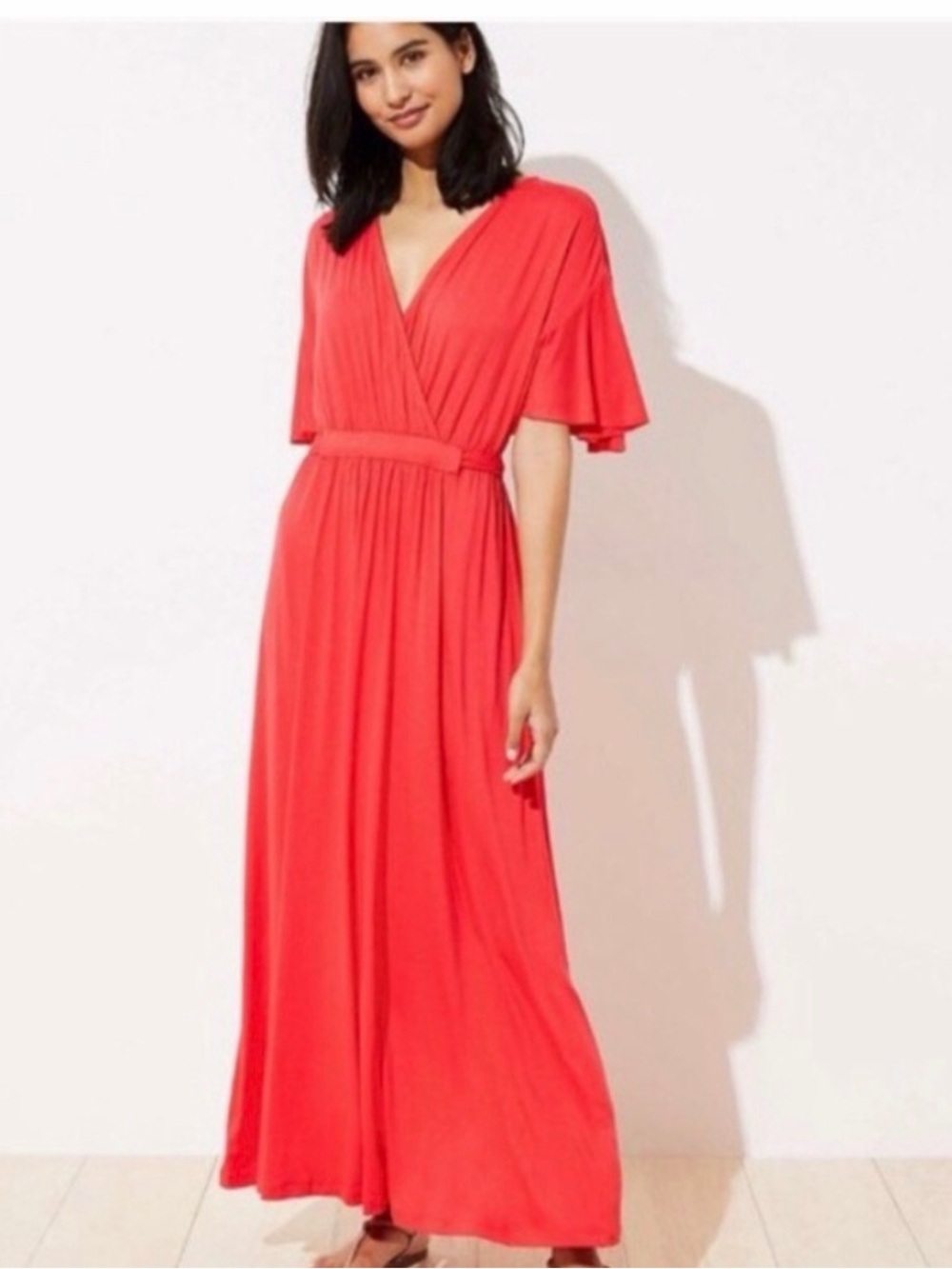 LOFT BEACH Surplice Maxi Dress Flutter Sleeves Red Sz S Flowy